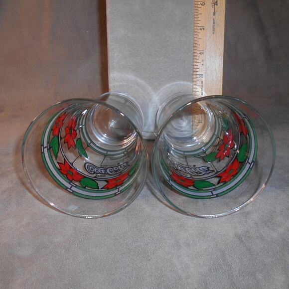 Vintage Coca-Cola Holiday Stained Glass Poinsettia Glasses Lot of 2 Tumblers - Picture 7 of 9